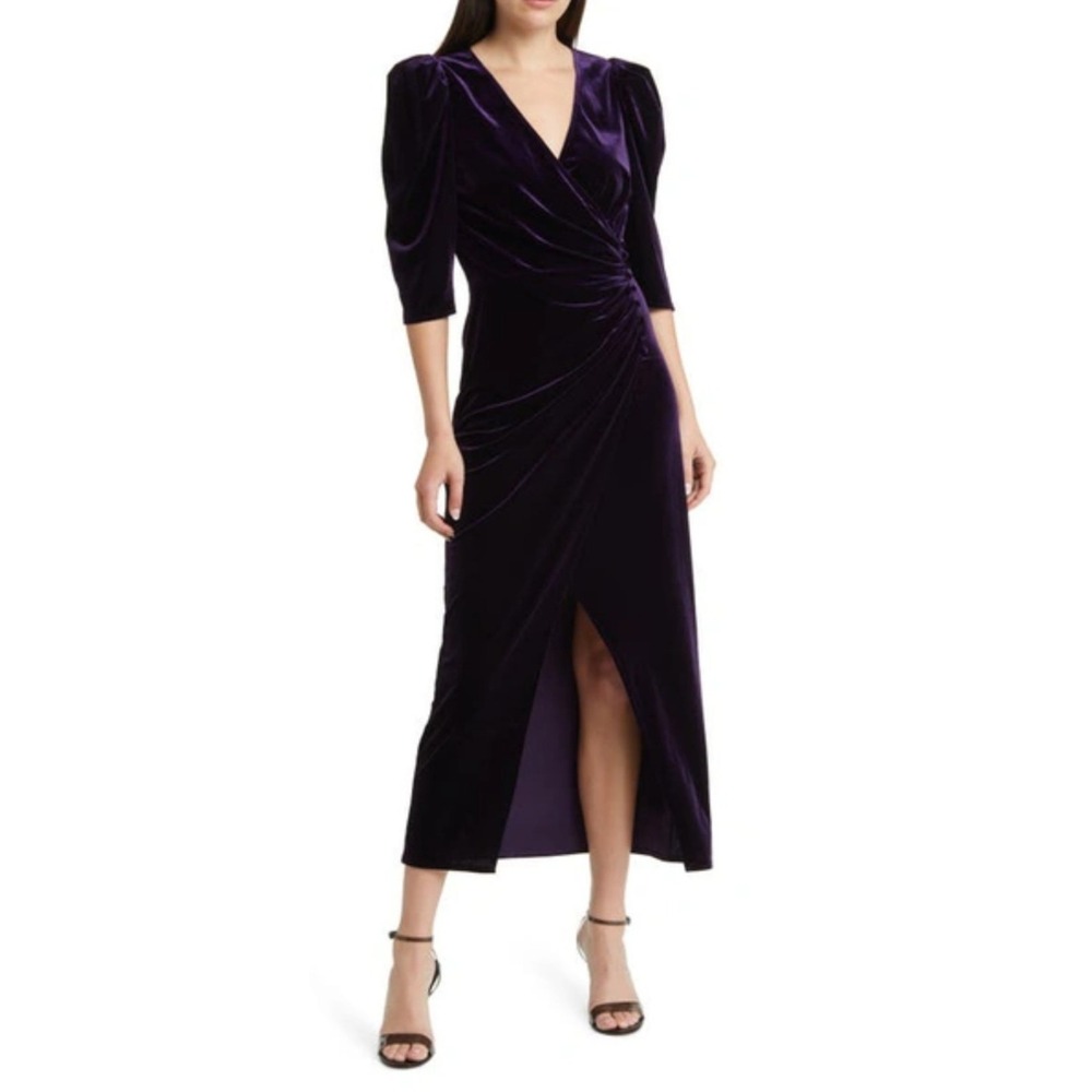 XS Chelsea 28‎ Purple Faux Velvet Midi Wrap Dress Gothic Witchy